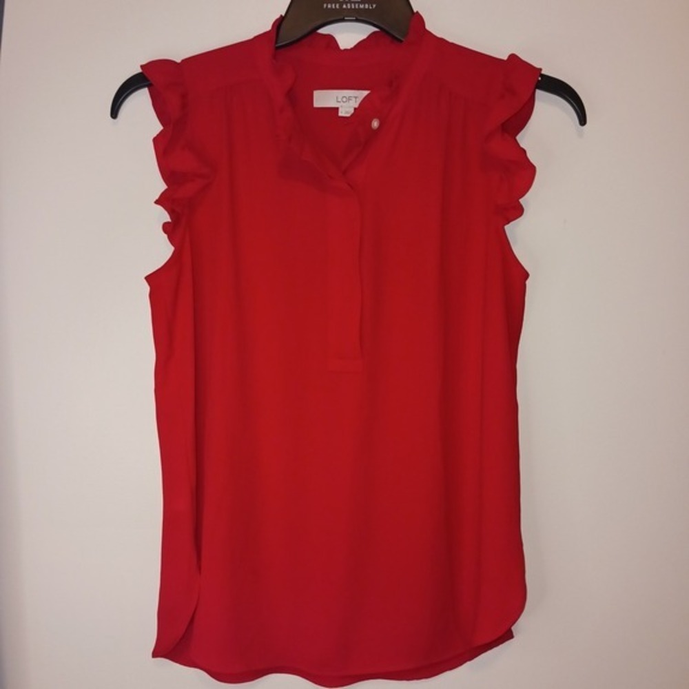 LOFT Classic Red Cottagecore Ruffle Collar Sleeveless Blouse‎ Top S